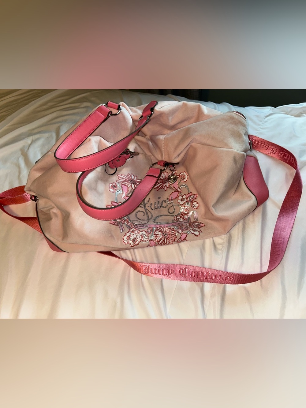 Juicy Couture Boho Bloom Pink Floral Embroidered Tote